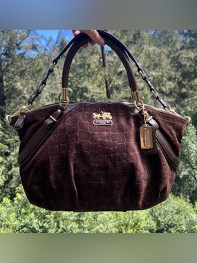 VINTAGE COACH Y2K Croc Embossed Brown Suede Sophia Satchel w Gold Hardware 15949